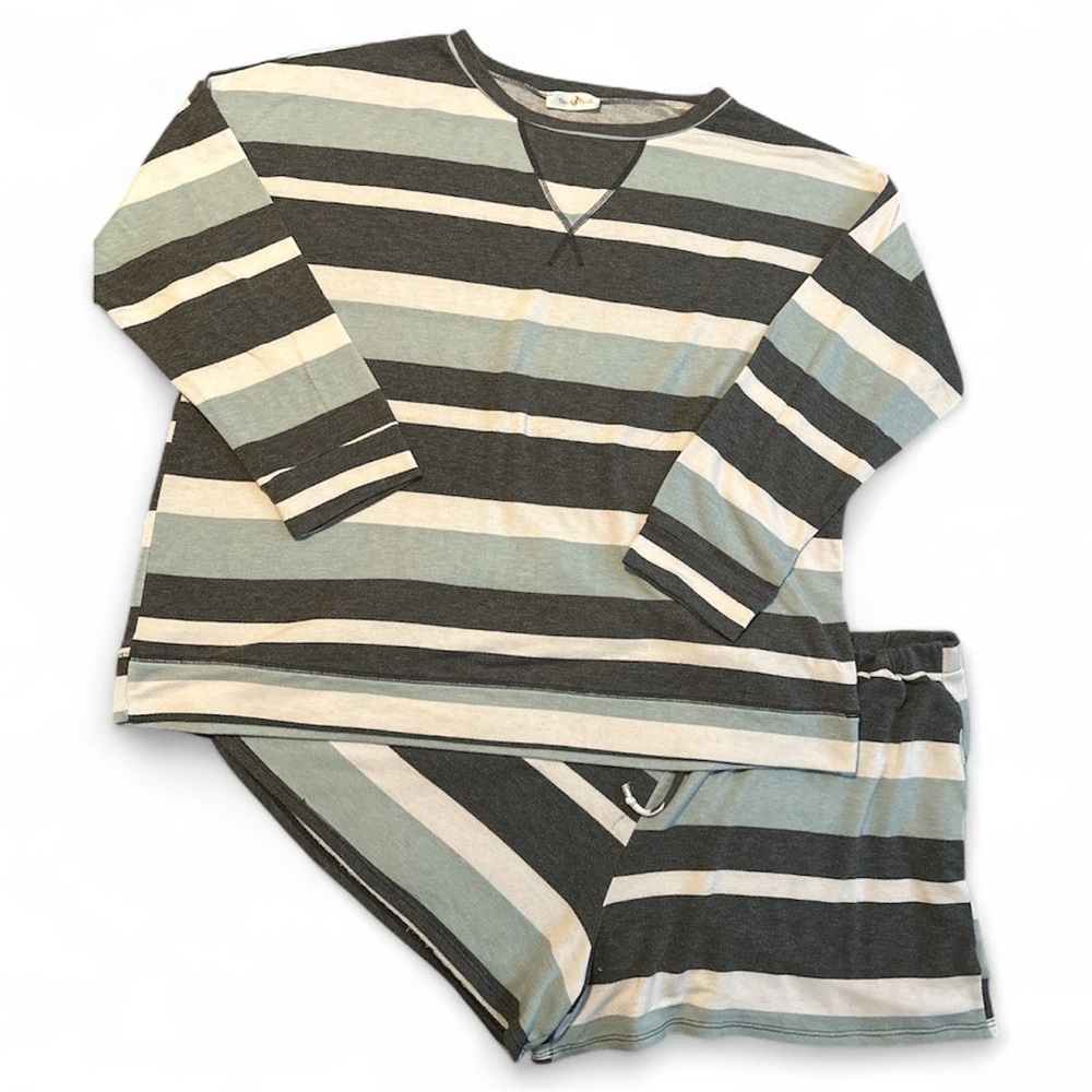 Cozy Striped Pajama Set in Grey, Aqua and White